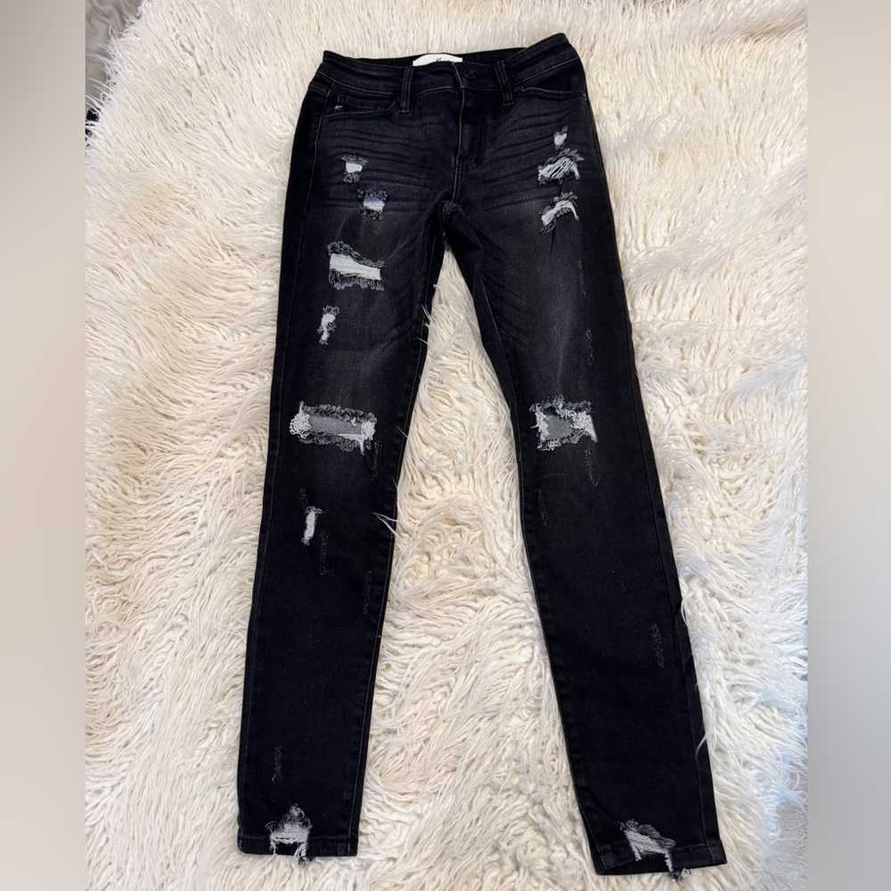 KanCan Womens 3/25 Gray Mid Rise Distressed Ripped Super Skinny